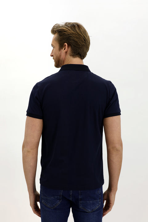 Medium Navy Polo Collar Slim Fit Narrow Cut Patterned Cotton T-shirt