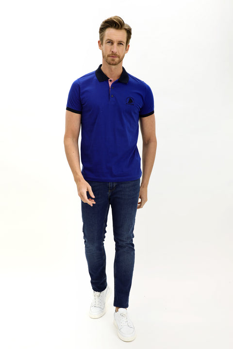 Dark Navy Polo Collar Slim Fit Patterned Cotton T-shirt