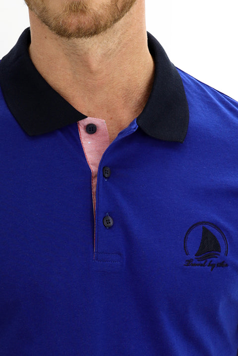 Dark Navy Polo Collar Slim Fit Patterned Cotton T-shirt
