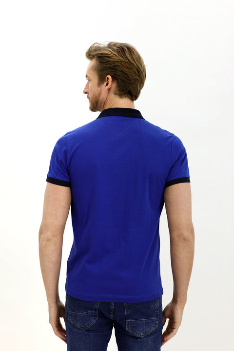 Dark Navy Polo Collar Slim Fit Patterned Cotton T-shirt