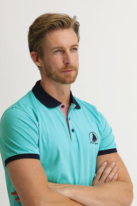 Light Blue Polo Collar Slim Fit Patterned Cotton T-shirt