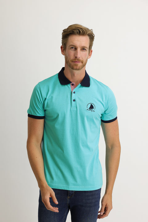 Light Blue Polo Collar Slim Fit Patterned Cotton T-shirt
