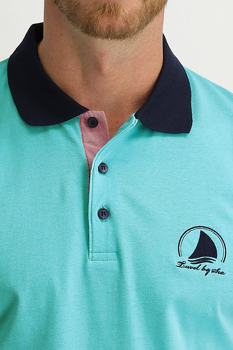 Light Blue Polo Collar Slim Fit Patterned Cotton T-shirt