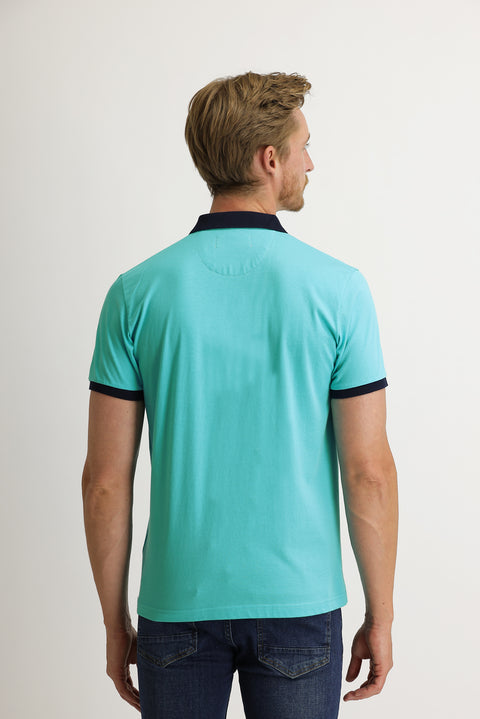 Light Blue Polo Collar Slim Fit Patterned Cotton T-shirt