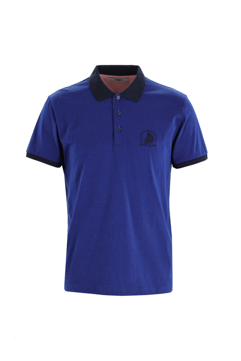 Aqua Blue Polo Collar Slim Fit Narrow Cut Patterned Cotton T-shirt