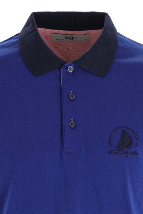 Aqua Blue Polo Collar Slim Fit Narrow Cut Patterned Cotton T-shirt