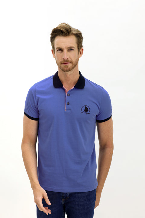 Aqua Blue Polo Collar Slim Fit Patterned Cotton T-shirt