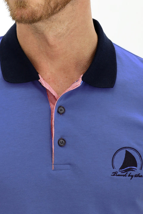 Aqua Blue Polo Collar Slim Fit Patterned Cotton T-shirt