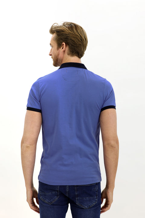 Aqua Blue Polo Collar Slim Fit Patterned Cotton T-shirt