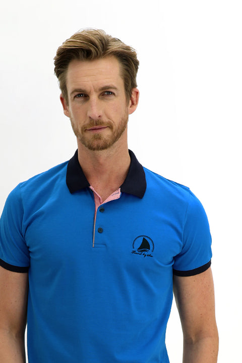 Dark Blue Polo Collar Slim Fit Patterned Cotton T-shirt