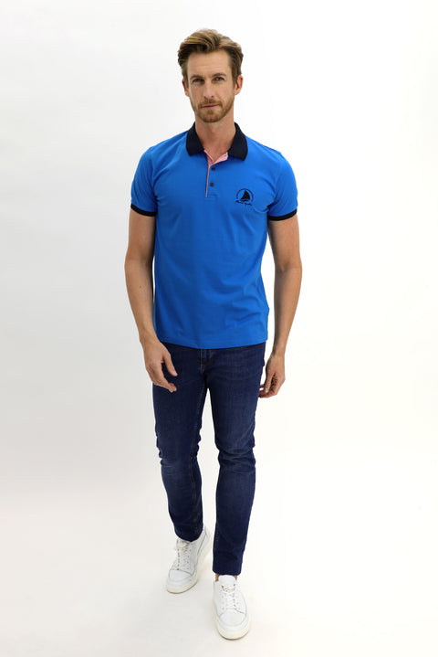 Dark Blue Polo Collar Slim Fit Patterned Cotton T-shirt