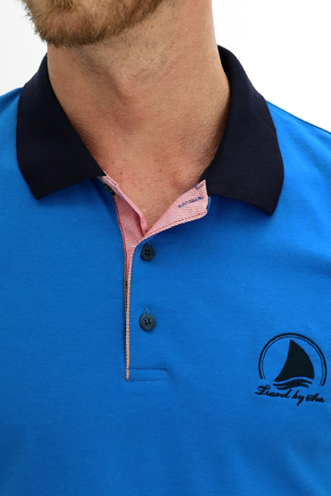 Dark Blue Polo Collar Slim Fit Patterned Cotton T-shirt