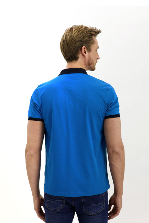 Dark Blue Polo Collar Slim Fit Patterned Cotton T-shirt