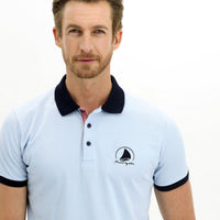 Blue Polo Collar Slim Fit Narrow Cut Patterned Cotton T-shirt