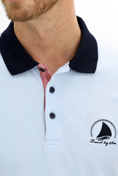Blue Polo Collar Slim Fit Narrow Cut Patterned Cotton T-shirt
