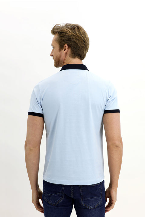 Blue Polo Collar Slim Fit Narrow Cut Patterned Cotton T-shirt