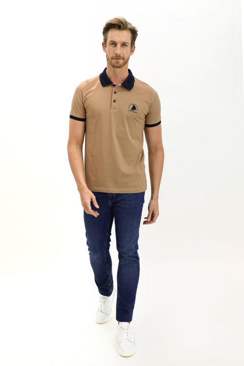 Light Beige Polo Collar Slim Fit Patterned Cotton T-shirt