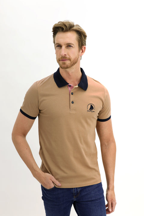 Light Beige Polo Collar Slim Fit Patterned Cotton T-shirt