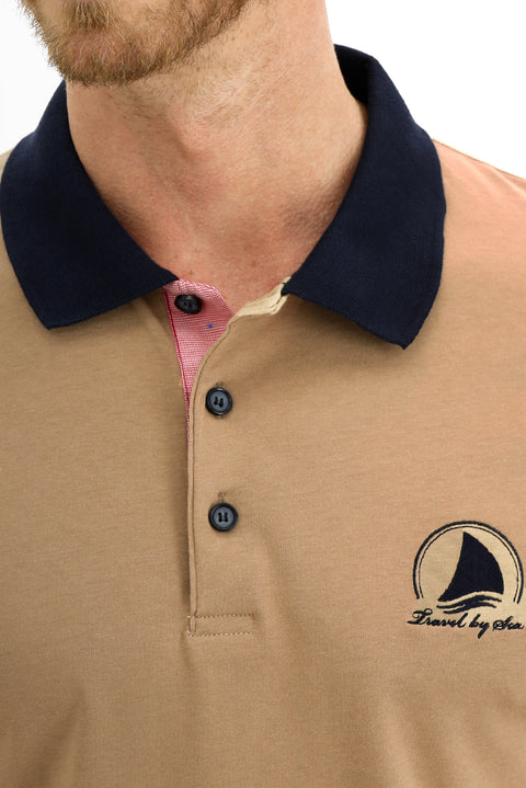 Light Beige Polo Collar Slim Fit Patterned Cotton T-shirt