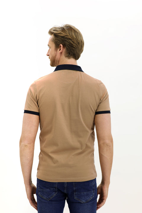 Light Beige Polo Collar Slim Fit Patterned Cotton T-shirt