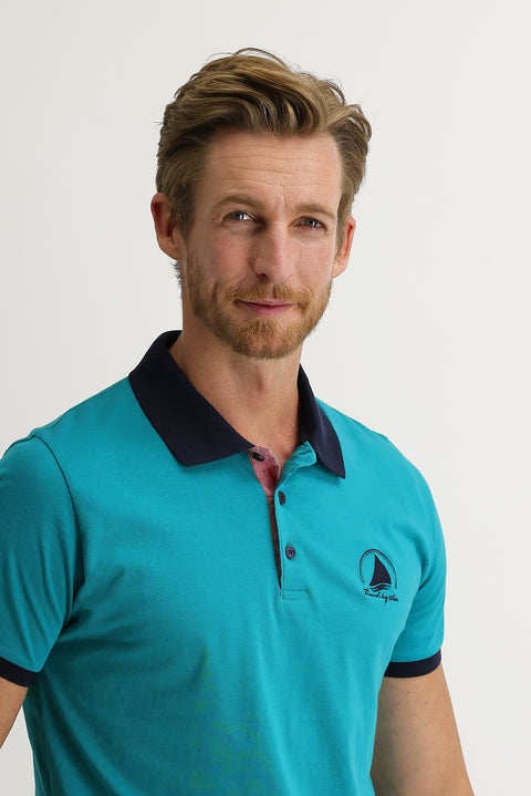 Medium Petrol Polo Collar Slim Fit Narrow Cut Patterned Cotton T-shirt
