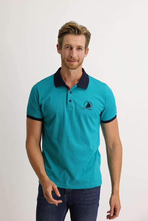 Medium Petrol Polo Collar Slim Fit Narrow Cut Patterned Cotton T-shirt