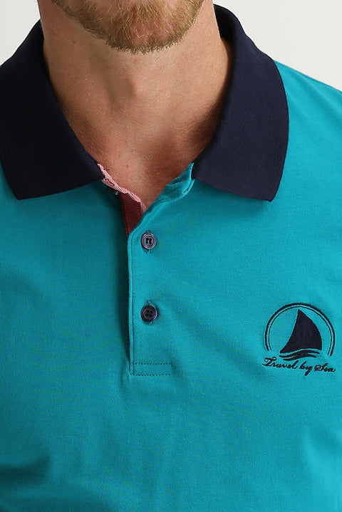 Medium Petrol Polo Collar Slim Fit Narrow Cut Patterned Cotton T-shirt