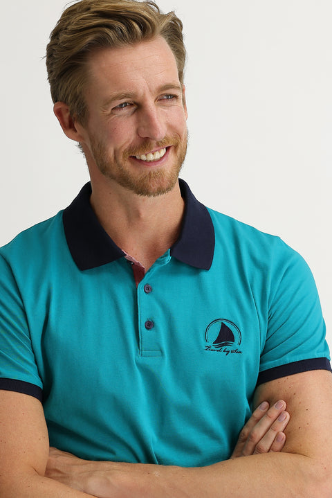 Medium Petrol Polo Collar Slim Fit Narrow Cut Patterned Cotton T-shirt