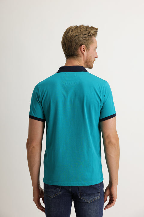 Medium Petrol Polo Collar Slim Fit Narrow Cut Patterned Cotton T-shirt