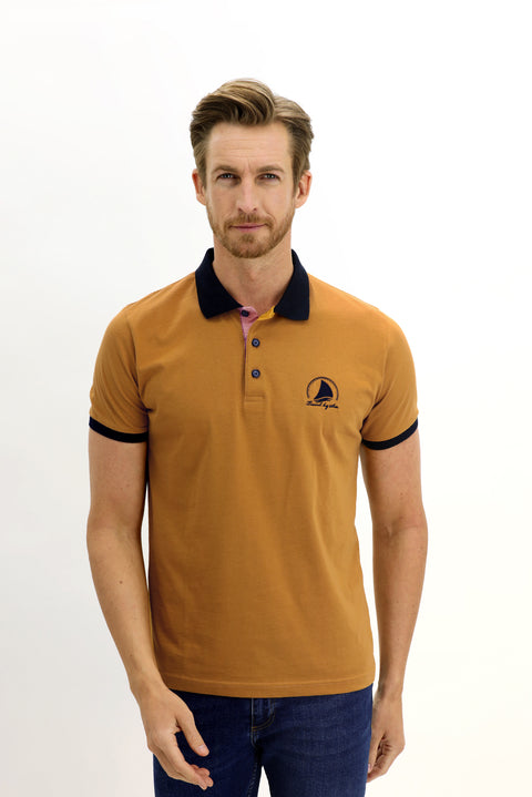 Mustard Yellow Polo Collar Slim Fit Narrow Cut Patterned Cotton T-shirt
