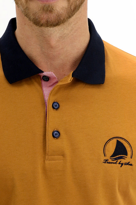Mustard Yellow Polo Collar Slim Fit Narrow Cut Patterned Cotton T-shirt