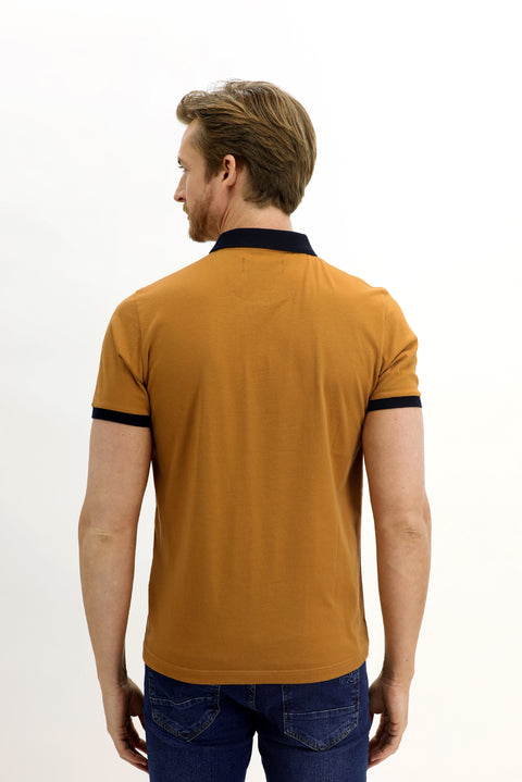 Mustard Yellow Polo Collar Slim Fit Narrow Cut Patterned Cotton T-shirt