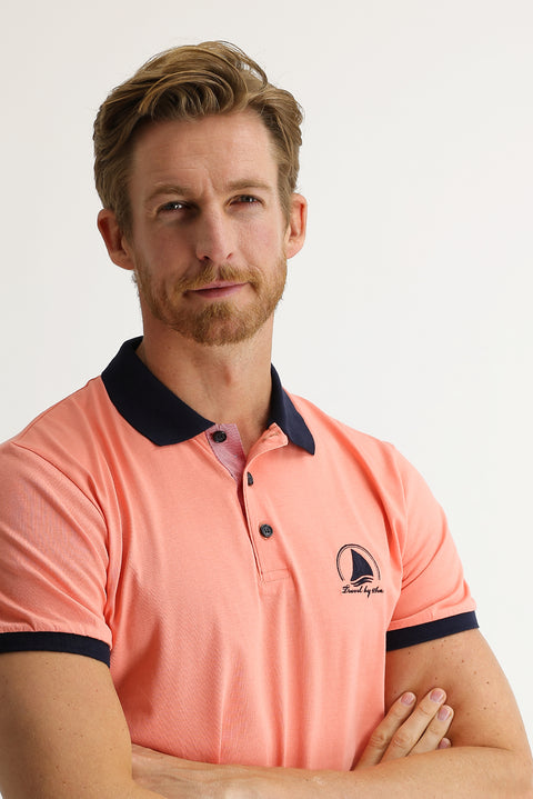 Medium Pink Polo Collar Slim Fit Narrow Cut Patterned Cotton T-shirt