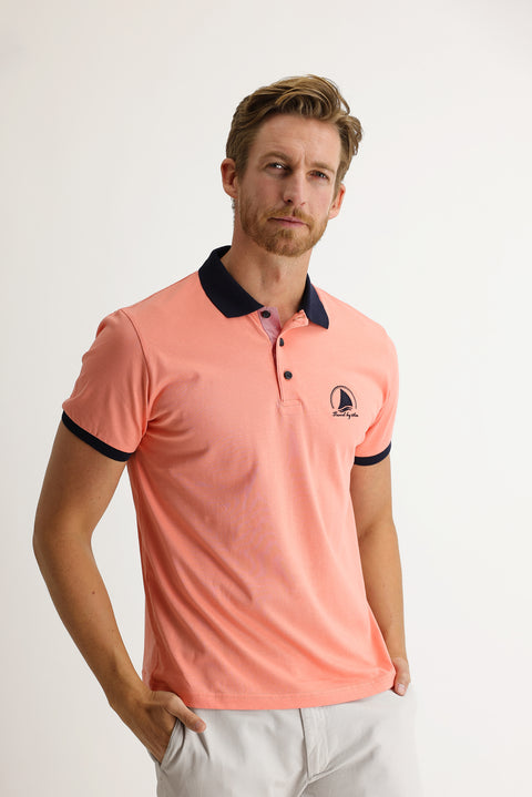 Medium Pink Polo Collar Slim Fit Narrow Cut Patterned Cotton T-shirt