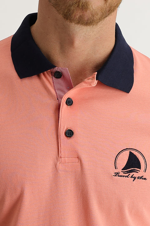 Medium Pink Polo Collar Slim Fit Narrow Cut Patterned Cotton T-shirt