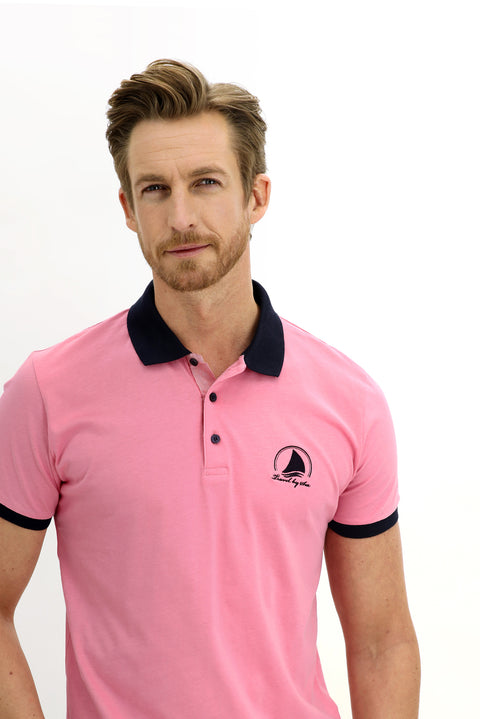 Sugar Pink Polo Collar Slim Fit Narrow Cut Patterned Cotton T-shirt