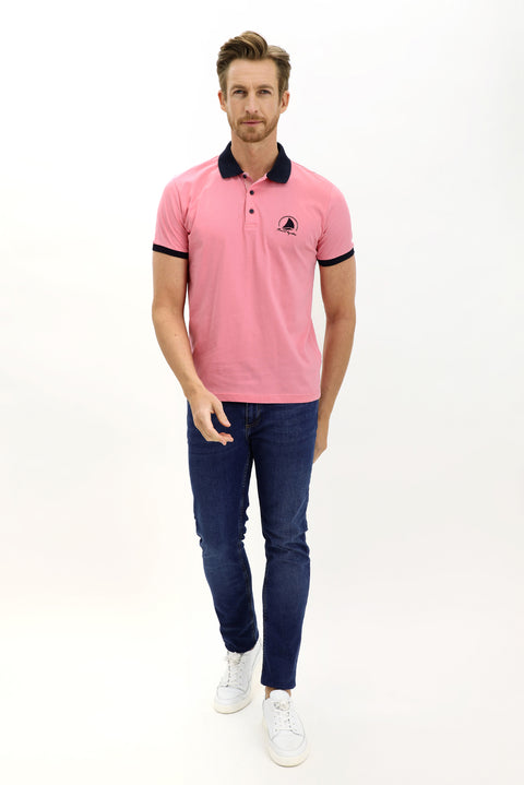 Sugar Pink Polo Collar Slim Fit Narrow Cut Patterned Cotton T-shirt