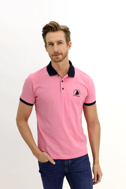 Sugar Pink Polo Collar Slim Fit Narrow Cut Patterned Cotton T-shirt