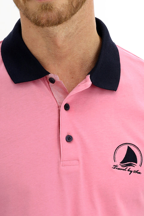 Sugar Pink Polo Collar Slim Fit Narrow Cut Patterned Cotton T-shirt