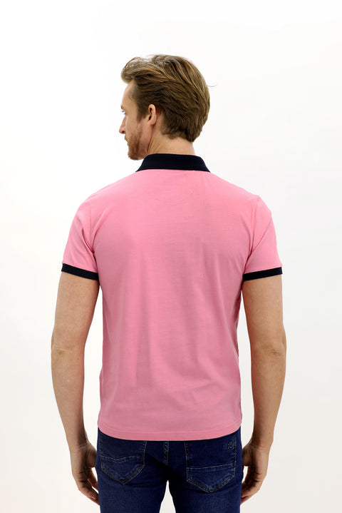 Sugar Pink Polo Collar Slim Fit Narrow Cut Patterned Cotton T-shirt