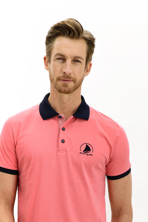 Fuchsia Polo Collar Slim Fit Narrow Cut Patterned Cotton T-shirt