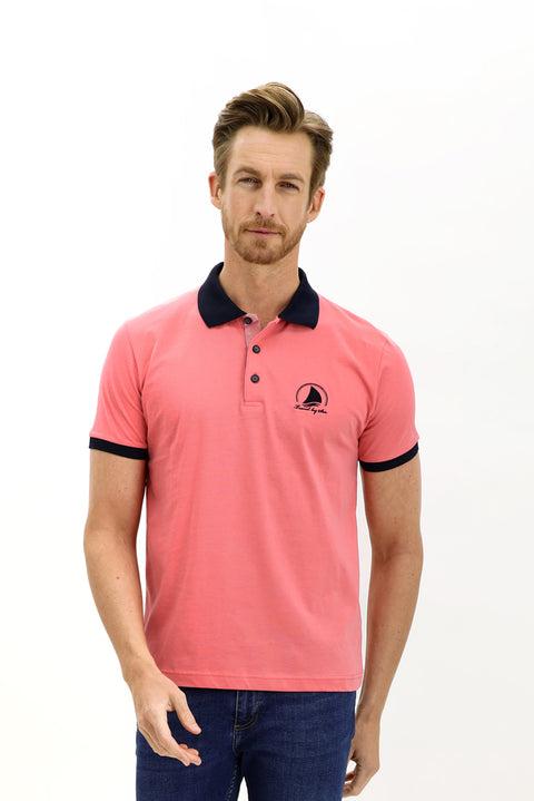 Fuchsia Polo Collar Slim Fit Narrow Cut Patterned Cotton T-shirt