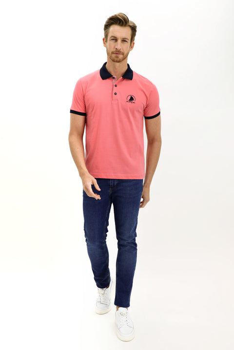 Fuchsia Polo Collar Slim Fit Narrow Cut Patterned Cotton T-shirt