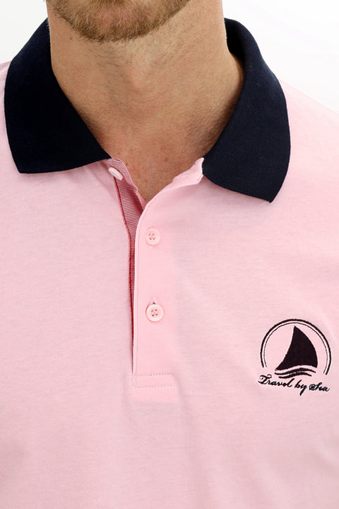 Pink Polo Collar Slim Fit Narrow Cut Patterned Cotton T-shirt