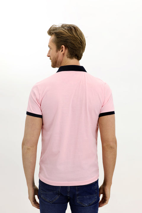 Pink Polo Collar Slim Fit Narrow Cut Patterned Cotton T-shirt