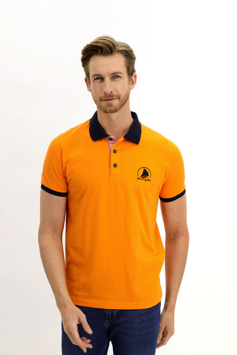 Light Orange Polo Collar Slim Fit Narrow Cut Patterned Cotton T-shirt