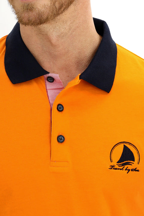 Light Orange Polo Collar Slim Fit Narrow Cut Patterned Cotton T-shirt