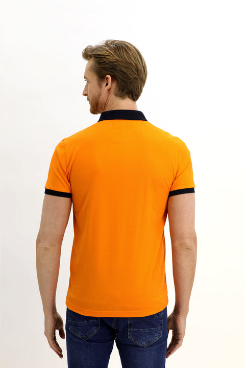 Light Orange Polo Collar Slim Fit Narrow Cut Patterned Cotton T-shirt