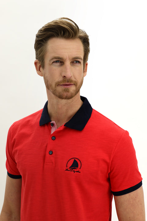 Pomegranate Blossom Polo Collar Slim Fit Narrow Cut Patterned Cotton T-shirt