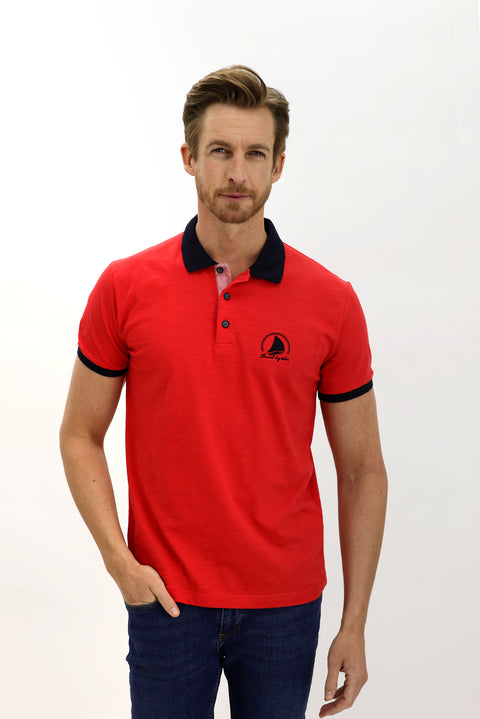 Pomegranate Blossom Polo Collar Slim Fit Narrow Cut Patterned Cotton T-shirt